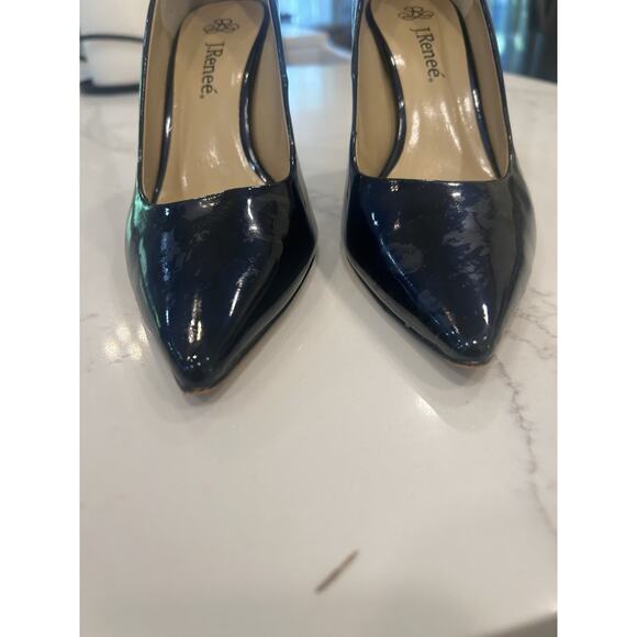 J.‎ RENEE Carrara Sz 7.5 M Navy Pointed Toe Gold High Heels Pumps Patent Leather - Picture 6 of 11